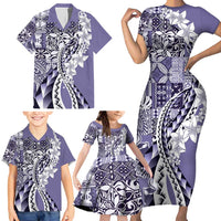 Aloha Vintage Plumeria Hawaiian Tapa Pattern Family Matching Short Sleeve Bodycon Dress and Hawaiian Shirt Purple Hawaiian Tapa Pattern - Polynesian Pride