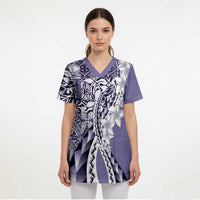 Aloha Vintage Plumeria Hawaiian Tapa Pattern Scrub Top Purple Hawaiian Tapa Pattern - Polynesian Pride