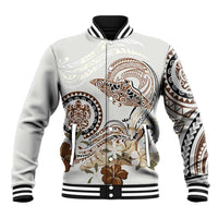Polynesian Manta Ray Baseball Jacket Beige Floral Turtle Tattoo - Polynesian Pride