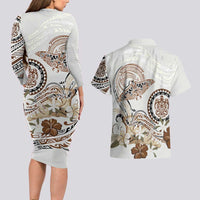 Polynesian Manta Ray Couples Matching Long Sleeve Bodycon Dress and Hawaiian Shirt Beige Floral Turtle Tattoo - Polynesian Pride