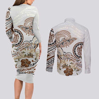 Polynesian Manta Ray Couples Matching Long Sleeve Bodycon Dress and Long Sleeve Button Shirt Beige Floral Turtle Tattoo - Polynesian Pride