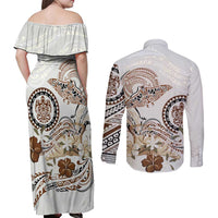 Polynesian Manta Ray Couples Matching Off Shoulder Maxi Dress and Long Sleeve Button Shirt Beige Floral Turtle Tattoo - Polynesian Pride