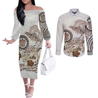 Polynesian Manta Ray Couples Matching Off The Shoulder Long Sleeve Dress and Long Sleeve Button Shirt Beige Floral Turtle Tattoo - Polynesian Pride
