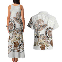 Polynesian Manta Ray Couples Matching Tank Maxi Dress and Hawaiian Shirt Beige Floral Turtle Tattoo - Polynesian Pride