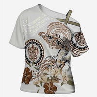 Polynesian Manta Ray Cross Shoulder Shirt Beige Floral Turtle Tattoo - Polynesian Pride