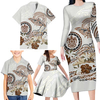 Polynesian Manta Ray Family Matching Long Sleeve Bodycon Dress and Hawaiian Shirt Beige Floral Turtle Tattoo - Polynesian Pride
