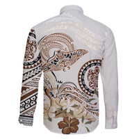 Polynesian Manta Ray Family Matching Off The Shoulder Long Sleeve Dress and Hawaiian Shirt Beige Floral Turtle Tattoo - Polynesian Pride