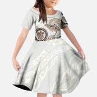 Polynesian Manta Ray Kid Short Sleeve Dress Beige Floral Turtle Tattoo - Polynesian Pride