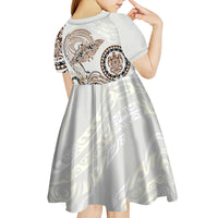 Polynesian Manta Ray Kid Short Sleeve Dress Beige Floral Turtle Tattoo - Polynesian Pride