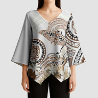 Polynesian Manta Ray Kimono Sleeve Blouse Beige Floral Turtle Tattoo - Polynesian Pride