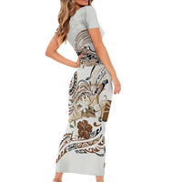 Polynesian Manta Ray Short Sleeve Bodycon Dress Beige Floral Turtle Tattoo - Polynesian Pride