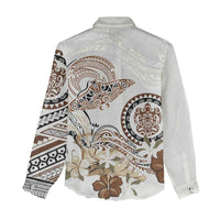 Polynesian Manta Ray Women Casual Shirt Beige Floral Turtle Tattoo - Polynesian Pride