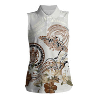 Polynesian Manta Ray Women Sleeveless Polo Shirt Beige Floral Turtle Tattoo - Polynesian Pride
