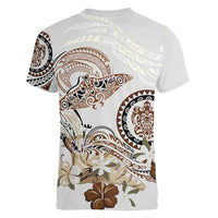 Polynesian Manta Ray Women V-Neck T-Shirt Beige Floral Turtle Tattoo - Polynesian Pride