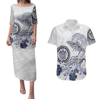 Polynesian Manta Ray Couples Matching Puletasi and Hawaiian Shirt Blue Floral Turtle Tattoo - Polynesian Pride