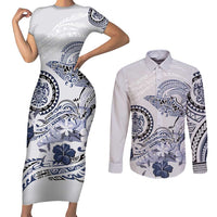 Polynesian Manta Ray Couples Matching Short Sleeve Bodycon Dress and Long Sleeve Button Shirt Blue Floral Turtle Tattoo - Polynesian Pride
