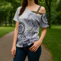 Polynesian Manta Ray Cross Shoulder Shirt Blue Floral Turtle Tattoo - Polynesian Pride