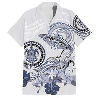 Polynesian Manta Ray Family Matching Off The Shoulder Long Sleeve Dress and Hawaiian Shirt Blue Floral Turtle Tattoo - Polynesian Pride