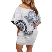 Polynesian Manta Ray Family Matching Off Shoulder Short Dress and Hawaiian Shirt Blue Floral Turtle Tattoo - Polynesian Pride