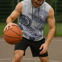 Polynesian Manta Ray Sleeveless Hoodie Blue Floral Turtle Tattoo - Polynesian Pride