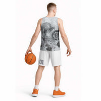 Polynesian Manta Ray Basketball Jersey Gray Floral Turtle Tattoo - Polynesian Pride