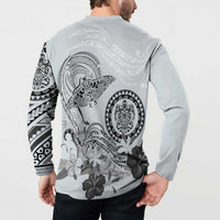 Polynesian Manta Ray Button Sweatshirt Gray Floral Turtle Tattoo - Polynesian Pride