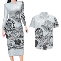 Polynesian Manta Ray Couples Matching Long Sleeve Bodycon Dress and Hawaiian Shirt Gray Floral Turtle Tattoo - Polynesian Pride