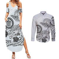Polynesian Manta Ray Couples Matching Summer Maxi Dress and Long Sleeve Button Shirt Gray Floral Turtle Tattoo - Polynesian Pride