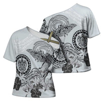Polynesian Manta Ray Cross Shoulder Shirt Gray Floral Turtle Tattoo - Polynesian Pride