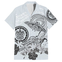 Polynesian Manta Ray Family Matching Off The Shoulder Long Sleeve Dress and Hawaiian Shirt Gray Floral Turtle Tattoo - Polynesian Pride