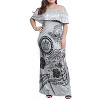Polynesian Manta Ray Family Matching Off Shoulder Maxi Dress and Hawaiian Shirt Gray Floral Turtle Tattoo - Polynesian Pride
