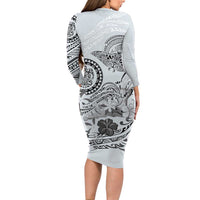 Polynesian Manta Ray Long Sleeve Bodycon Dress Gray Floral Turtle Tattoo - Polynesian Pride