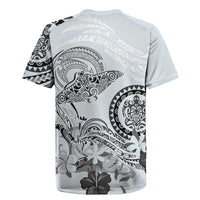 Polynesian Manta Ray Rugby Jersey Gray Floral Turtle Tattoo - Polynesian Pride