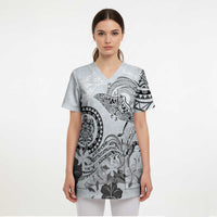 Polynesian Manta Ray Scrub Top Gray Floral Turtle Tattoo - Polynesian Pride