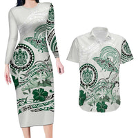 Polynesian Manta Ray Couples Matching Long Sleeve Bodycon Dress and Hawaiian Shirt Green Floral Turtle Tattoo - Polynesian Pride