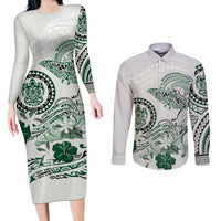 Polynesian Manta Ray Couples Matching Long Sleeve Bodycon Dress and Long Sleeve Button Shirt Green Floral Turtle Tattoo - Polynesian Pride