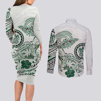 Polynesian Manta Ray Couples Matching Long Sleeve Bodycon Dress and Long Sleeve Button Shirt Green Floral Turtle Tattoo - Polynesian Pride