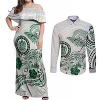 Polynesian Manta Ray Couples Matching Off Shoulder Maxi Dress and Long Sleeve Button Shirt Green Floral Turtle Tattoo - Polynesian Pride