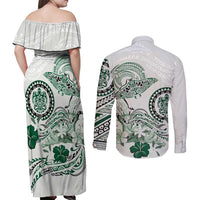 Polynesian Manta Ray Couples Matching Off Shoulder Maxi Dress and Long Sleeve Button Shirt Green Floral Turtle Tattoo - Polynesian Pride