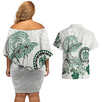Polynesian Manta Ray Couples Matching Off Shoulder Short Dress and Hawaiian Shirt Green Floral Turtle Tattoo - Polynesian Pride