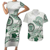 Polynesian Manta Ray Couples Matching Short Sleeve Bodycon Dress and Hawaiian Shirt Green Floral Turtle Tattoo - Polynesian Pride