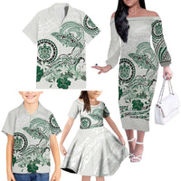 Polynesian Manta Ray Family Matching Off The Shoulder Long Sleeve Dress and Hawaiian Shirt Green Floral Turtle Tattoo - Polynesian Pride