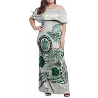Polynesian Manta Ray Family Matching Off Shoulder Maxi Dress and Hawaiian Shirt Green Floral Turtle Tattoo - Polynesian Pride