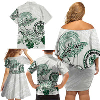 Polynesian Manta Ray Family Matching Off Shoulder Short Dress and Hawaiian Shirt Green Floral Turtle Tattoo - Polynesian Pride