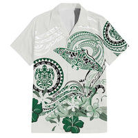 Polynesian Manta Ray Family Matching Off Shoulder Short Dress and Hawaiian Shirt Green Floral Turtle Tattoo - Polynesian Pride