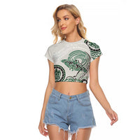 Polynesian Manta Ray Raglan Cropped T Shirt Green Floral Turtle Tattoo - Polynesian Pride