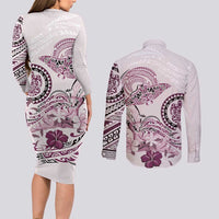 Polynesian Manta Ray Couples Matching Long Sleeve Bodycon Dress and Long Sleeve Button Shirt Pink Floral Turtle Tattoo - Polynesian Pride