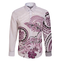 Polynesian Manta Ray Family Matching Off The Shoulder Long Sleeve Dress and Hawaiian Shirt Pink Floral Turtle Tattoo - Polynesian Pride