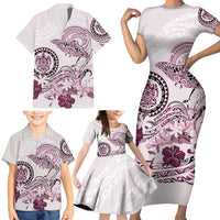 Polynesian Manta Ray Family Matching Short Sleeve Bodycon Dress and Hawaiian Shirt Pink Floral Turtle Tattoo - Polynesian Pride