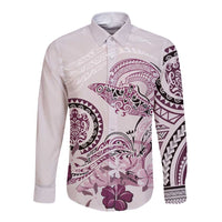 Polynesian Manta Ray Long Sleeve Button Shirt Pink Floral Turtle Tattoo - Polynesian Pride